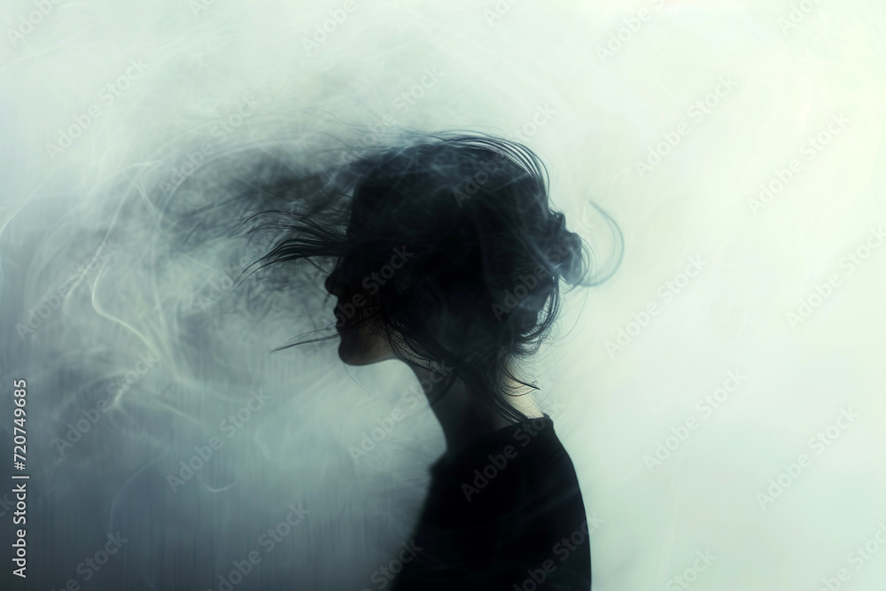 Portrait of young woman in profile view. Concept of loneliness.