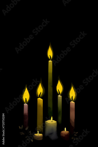 Candlesticks burning in the darkness for peaceful somber spiritual enlightenment, hope, faith and warm emotions concept watercolor style