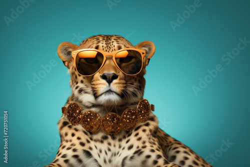 Cheetah wearing sunglasses on the turquoise background.