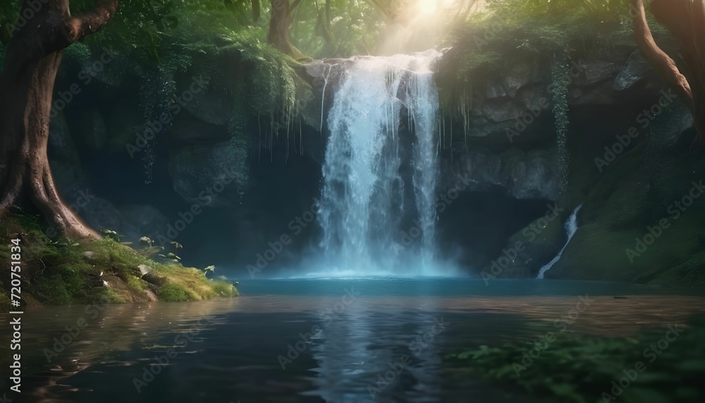 Beautiful magical waterfall in the forest, fantasy and fairy tale whimsical serene background concept Wallpaper, 4k nature created with generative ai	