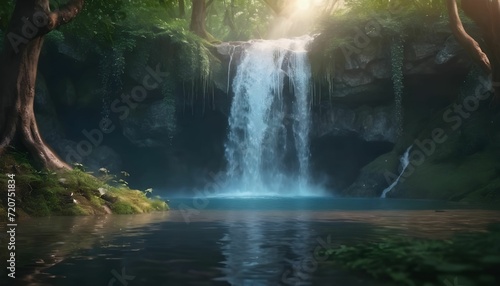 Beautiful magical waterfall in the forest, fantasy and fairy tale whimsical serene background concept Wallpaper, 4k nature created with generative ai 