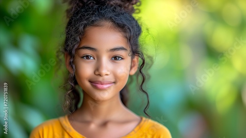Portrait of a smiling young girl in yellow outfit with natural backdrop