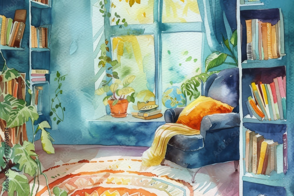 A cozy reading nook bathed in sunlight, inviting relaxation with a good book amidst the vibrant hues of home comfort - obrazy, fototapety, plakaty 