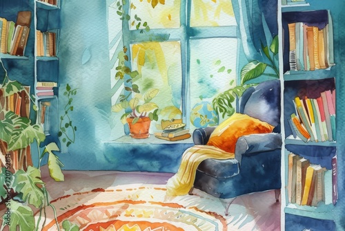 A cozy reading nook bathed in sunlight, inviting relaxation with a good book amidst the vibrant hues of home comfort photo