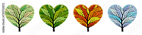 Trees shaped like heart symbols in seasonal specific colors