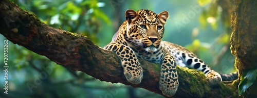 Majestic Leopard Lounging on a Tree Branch. A leopard rests on a tree branch in a lush forest  its gaze fixed intently forward  surrounded by vibrant green foliage