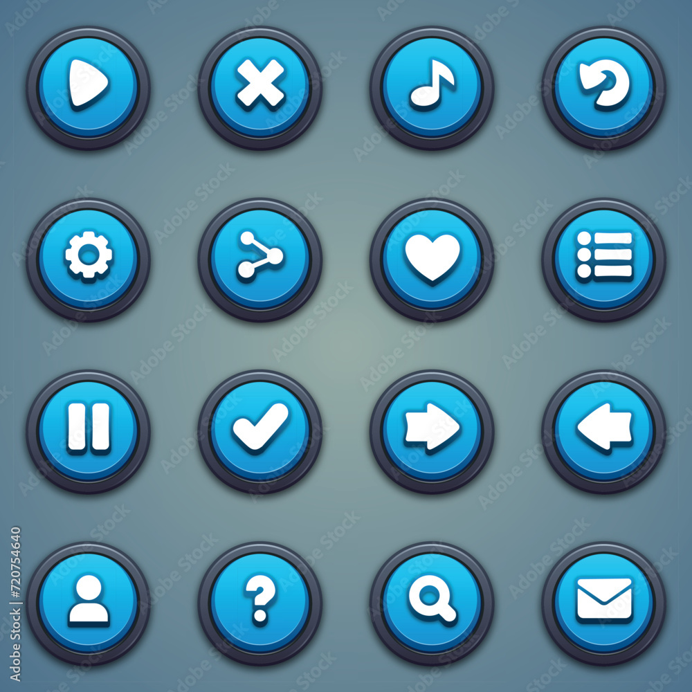 Set of blue round buttons: play, close, music, retry, settings, share, rate, menu, pause, right, arrow, contact, question, search, mail for building games. Casual game button in a cartoon style. Set of blue round buttons: play, close, music, retry, settings, share, rate, menu, pause, right, arrow, contact, question, search, mail for building games. Casual game button in a cartoon style.