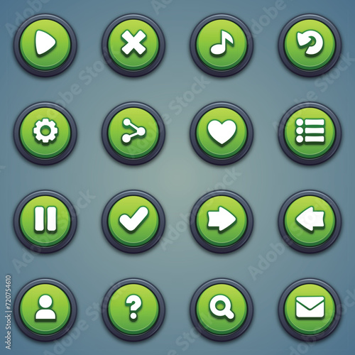 Set of green round buttons: play, close, music, retry, settings, share, rate, menu, pause, right, arrow, contact, question, search, mail for building games. Casual game button in a cartoon style.