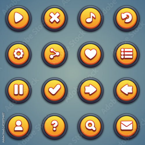 Set of yellow round buttons: play, close, music, retry, settings, share, rate, menu, pause, right, arrow, contact, question, search, mail for building games. Casual game button in a cartoon style.