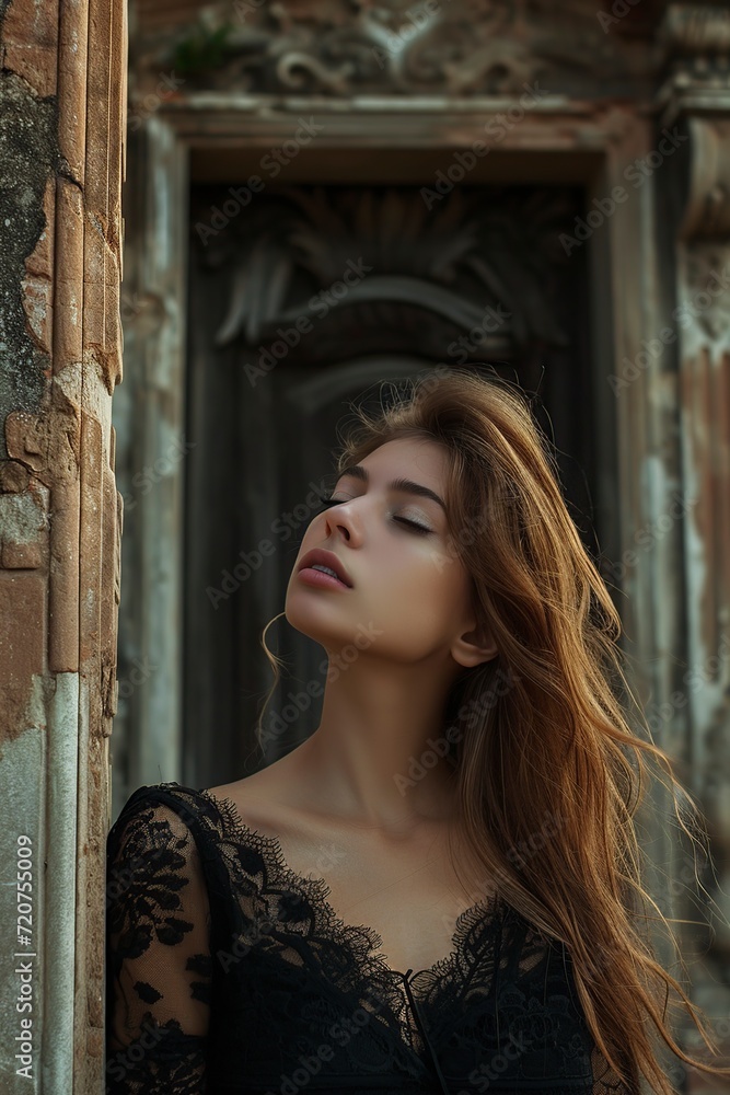 Fototapeta premium beautiful and professional model posing in front of a very sensual building