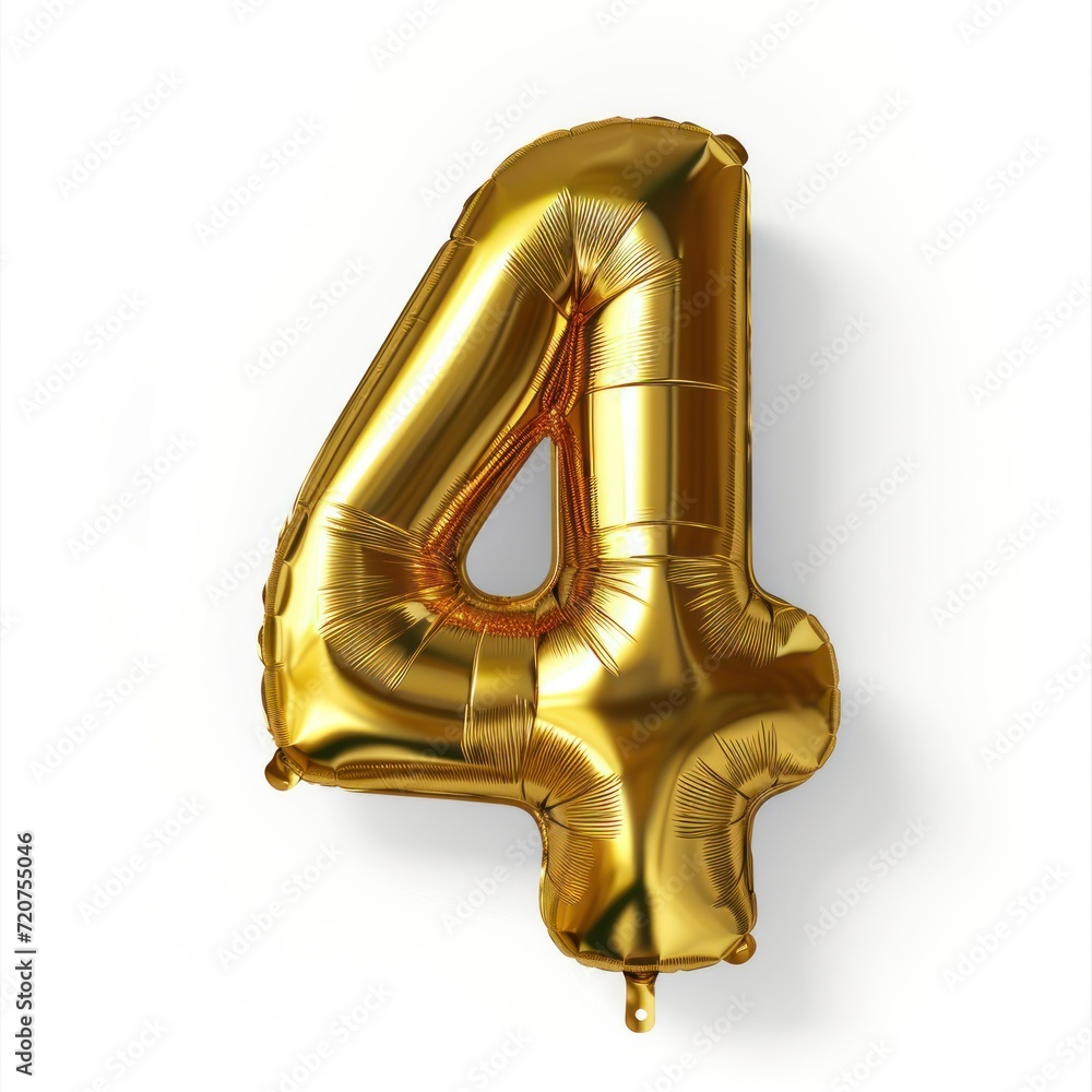 Number Four (4) Shaped Golden Foil Balloon Isolated on a White Background. Generative AI.