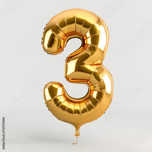 Number Three (3) Shaped Golden Foil Balloon Isolated on a White Background. Generative AI. photo