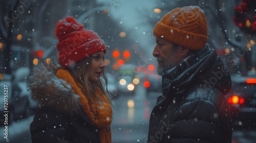 Intimate moment between couple on snowy city street with festive lights