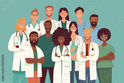 Modern cartoon-style graphic featuring a diverse group of healthcare professionals, emphasizing inclusivity and diversity in the medical field