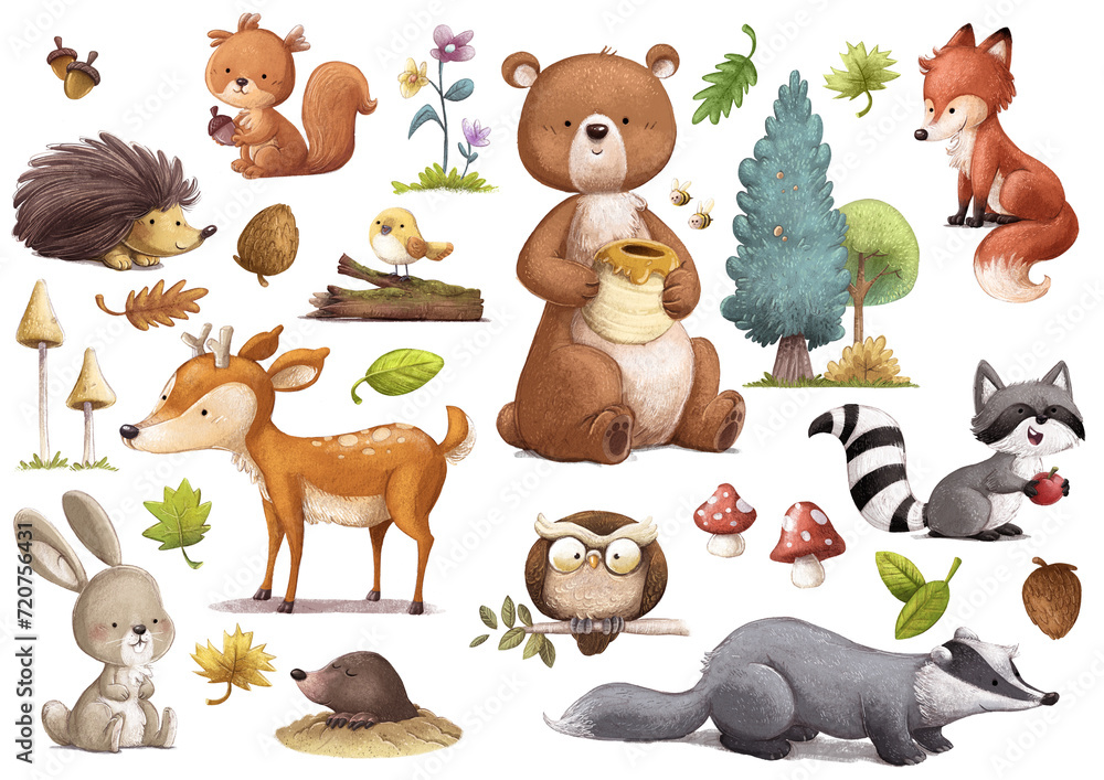 Fototapeta premium Forest animals and vegetation set