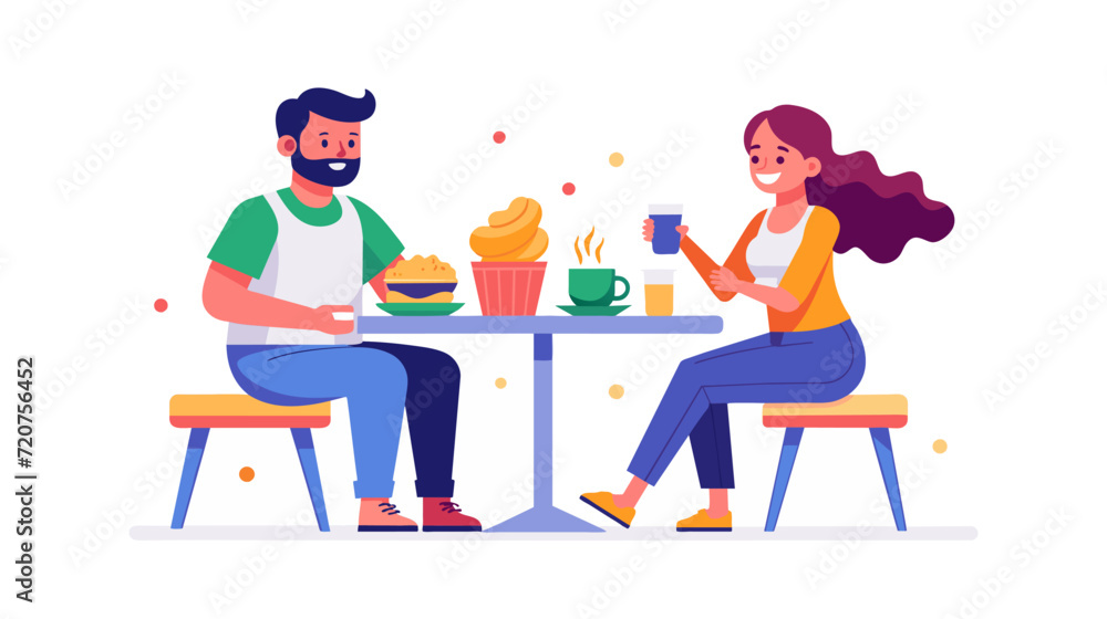 Friendly meeting at a cafe. Vector illustration of two people enjoying coffee and desserts Friendly meeting at a cafe. Vector illustration of two people enjoying coffee and desserts