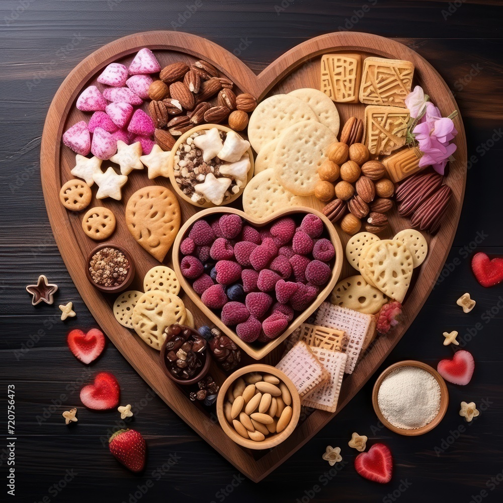 Board with Crackers Cookies and Various sweets in the shape of a heart. Food photography Board with Crackers Cookies and Various sweets in the shape of a heart. Food photography