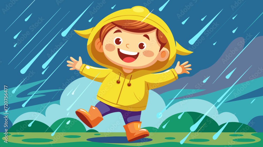 Happy child in rainy weather enjoying puddles - vector illustration Happy child in rainy weather enjoying puddles - vector illustration