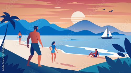 Serene beach sunset scene with people relaxing and walking