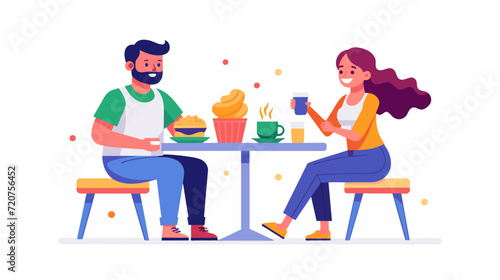 Friendly meeting at a cafe. Vector illustration of two people enjoying coffee and desserts
