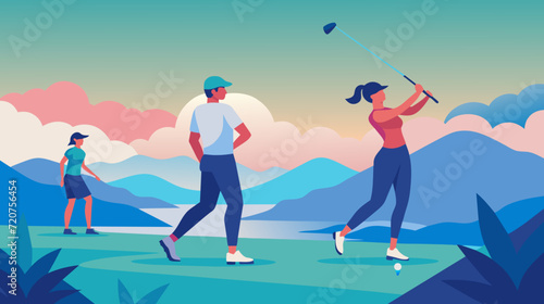 Stylish vector illustration of golf players enjoying a game outdoors