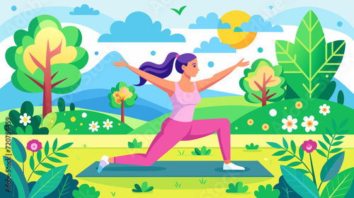 Outdoor yoga practice vector illustration - woman enjoying nature