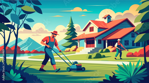 Two people mowing the lawn in front of a country house, vector illustration
