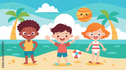 Happy children playing on a sunny beach. Cartoon vector illustration