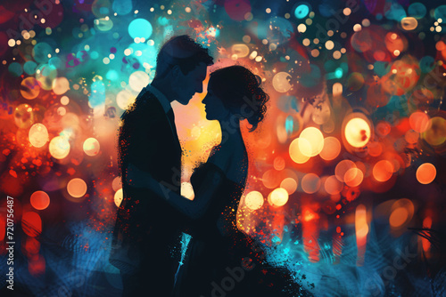 A couple dancing in front of a beautiful colorful, blurry bokeh background