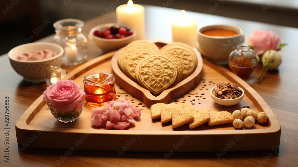 Board with Crackers Cookies and Various sweets in the shape of a heart. Food photography