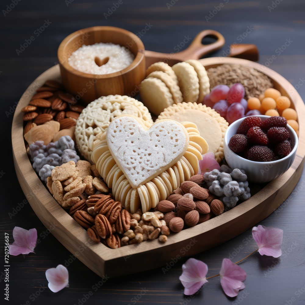Board with Crackers Cookies and Various sweets in the shape of a heart. Food photography Board with Crackers Cookies and Various sweets in the shape of a heart. Food photography