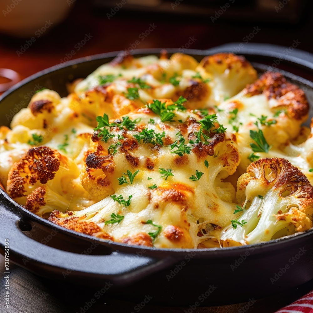 A close-up photograph of a baked cheese cauliflower dish A close-up photograph of a baked cheese cauliflower dish