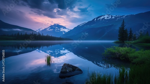 Beautiful still lake and rocky mountains landscape at dawn with some clouds and water reflection