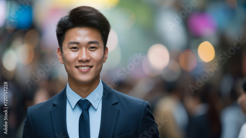 This image features a cheerful Asian businessman in a suit walking through a bustling city street on his way to the office, with the blurred street enhancing the urban vibe.