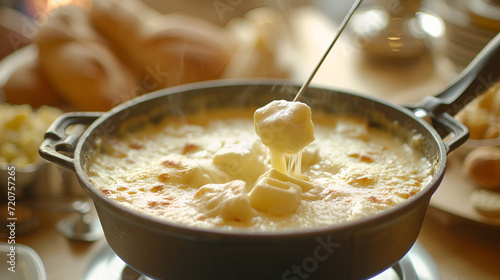 Golden, bubbly cheese fondue being enjoyed, the perfect stretch for a convivial meal among friends