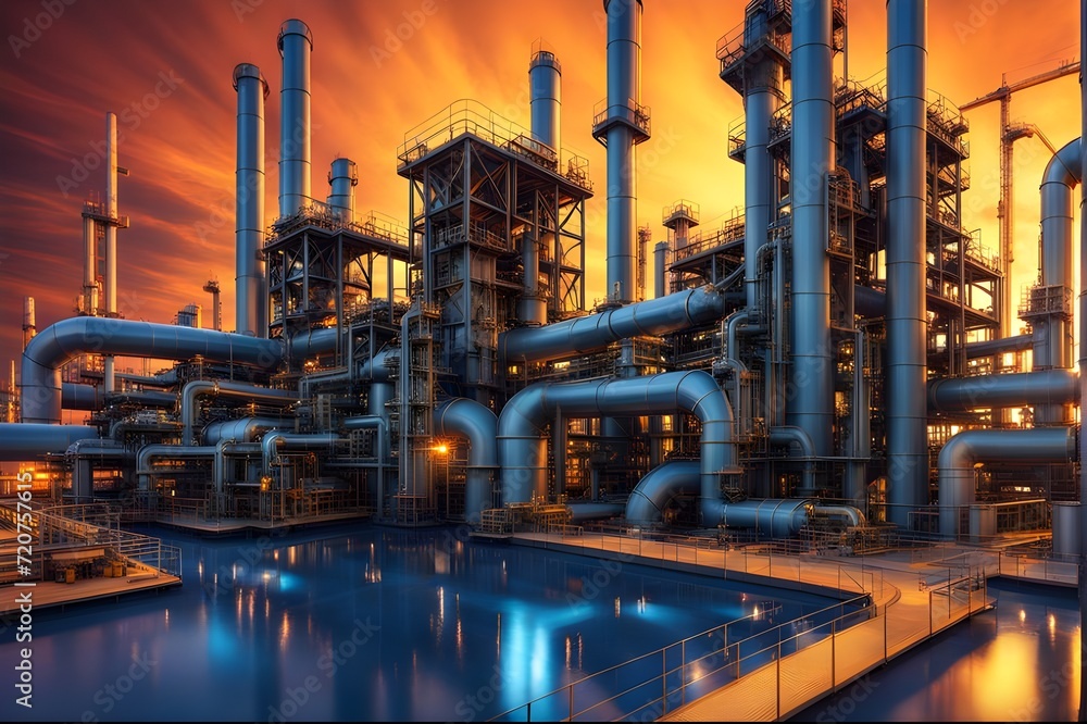 breathtaking scene of a refinery at sunset, emphasizing the industrial beauty of the facility.