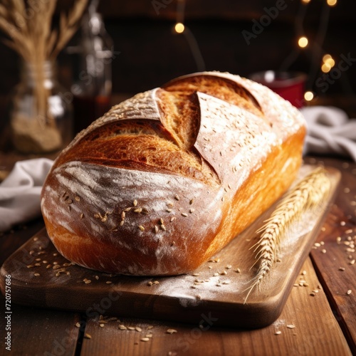 A freshly baked loaf of bread lying on a wooden table