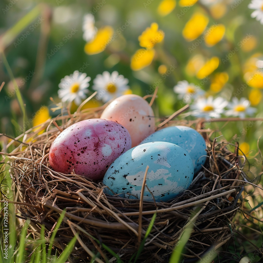 A nest containing speckled Easter eggs sits in a field of daisies. The vibrant colors and outdoor setting make it ideal for Easter celebrations and spring-themed content.