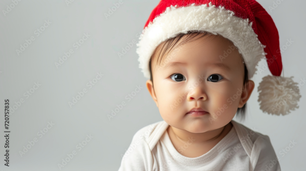 Portrait of an asian baby with a christmas hat on white studio background Portrait of an asian baby with a christmas hat on white studio background