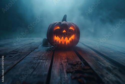 Halloween Pumpkin Glowing on Wooden Table in the Dark Night with Spooky Lantern Light with copy space