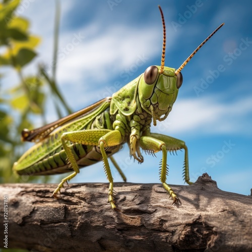 A grasshopper perched on a branch, with its powerful legs ready to jump. Its oversized eyes gaze ahead, capturing a wide-angle view of its surroundings © Vladyslav  Andrukhiv