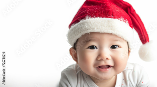 Portrait of an asian baby with a christmas hat on white studio background