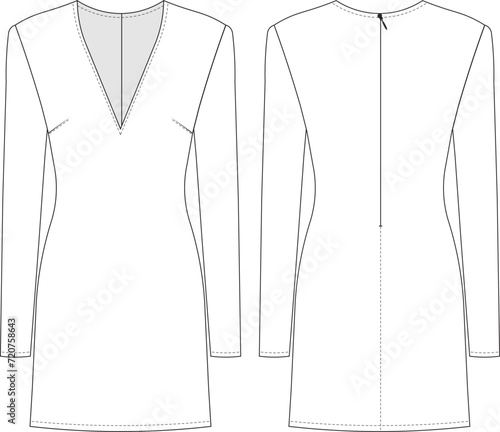wide v neck long sleeve h line zippered short mini dress template technical drawing flat sketch cad mockup fashion woman design style model