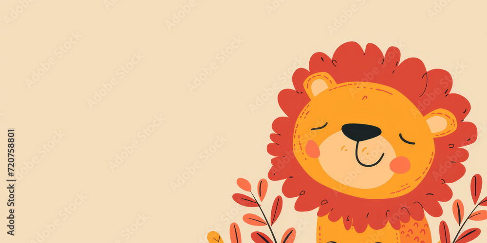 Cute lion with happy positive smiling expression. Wide banner copy space on side. Clean background in only one colour