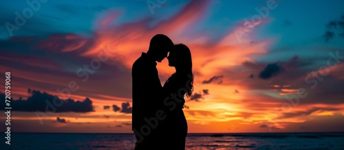 Mesmerizing Silhouette of a Loving Couple in a Silhouette, Devotedly Embracing as a Silhouette of a Loving Couple