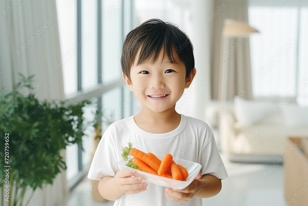 Little boy of asian appearance looking at camera, smiling and holding fresh healthy carrot Little boy of asian appearance looking at camera, smiling and holding fresh healthy carrot