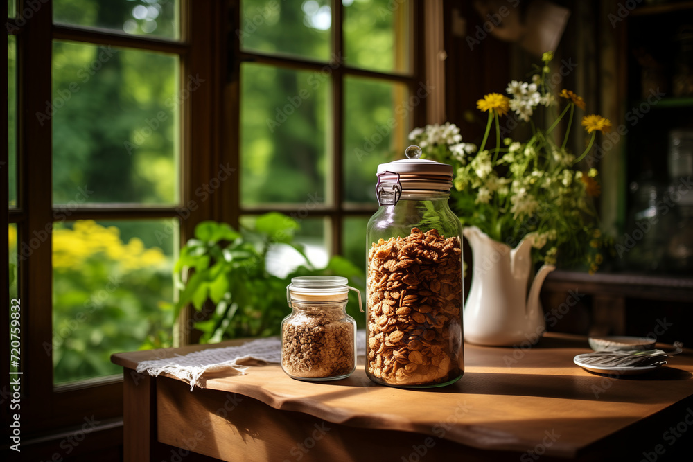 Homemade granola in a glass jar on a wooden table on the background of a window and a vase of flowers in a country house