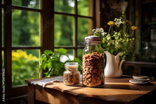 Homemade granola in a glass jar on a wooden table on the background of a window and a vase of flowers in a country house