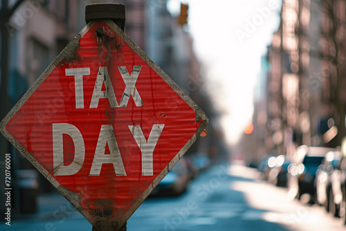 A red street sign with the word TAX DAY written on it, depicting the concept of doing taxes, or getting ready for tax day