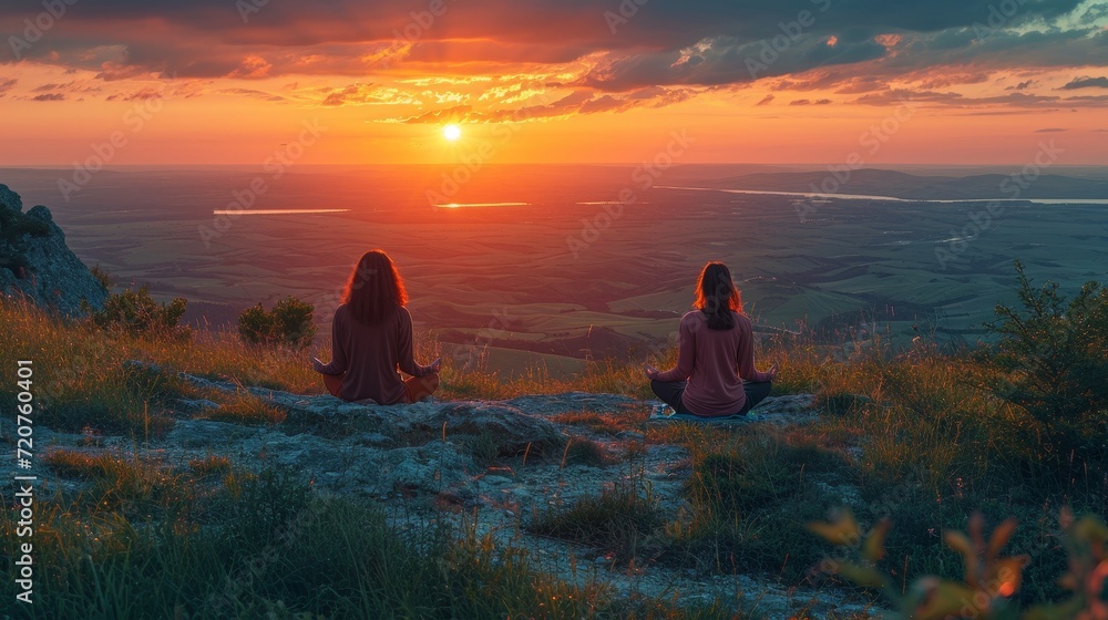 a Couple meditating together on a mountain top
